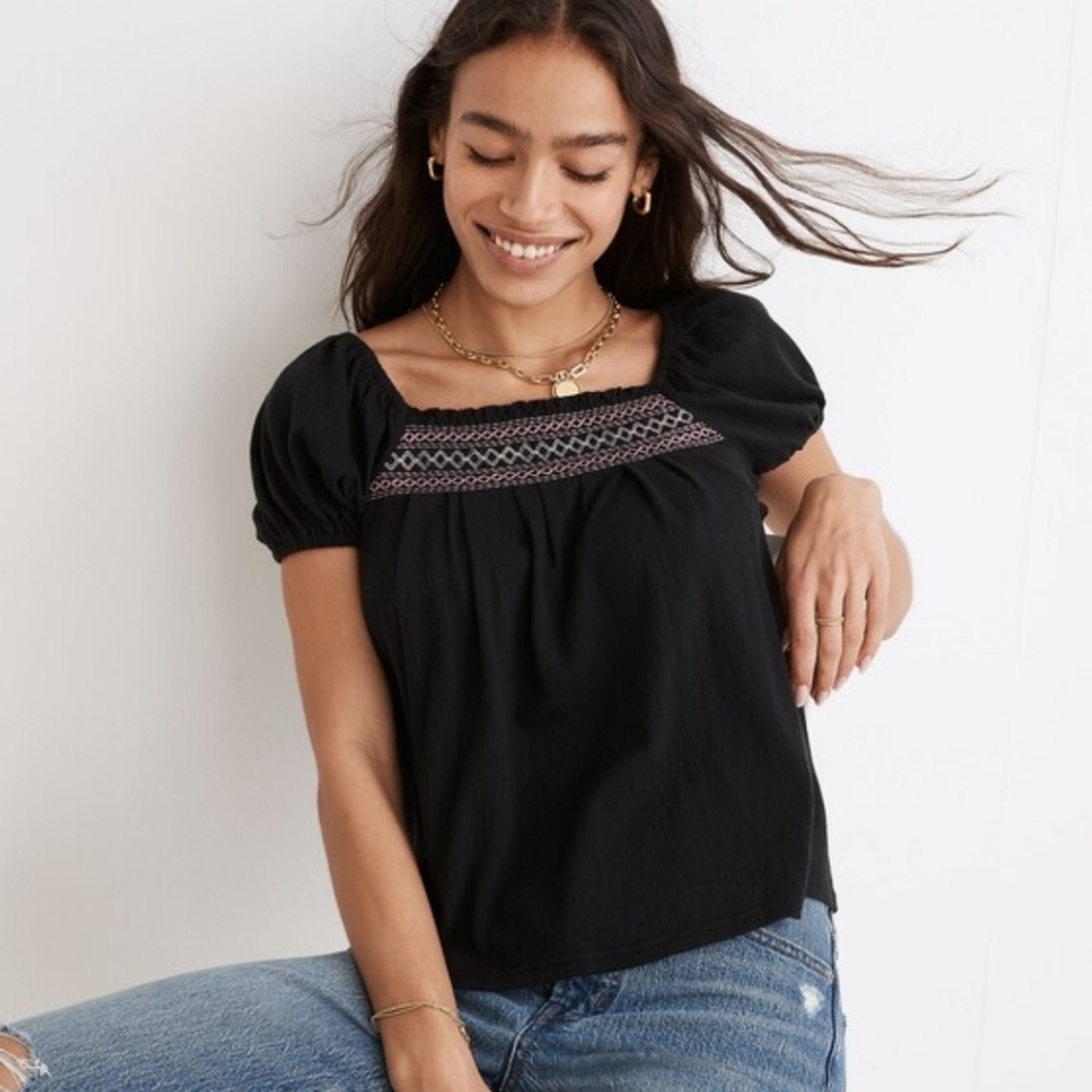 Madewell Embroidered Square-Neck Top Black and Purple